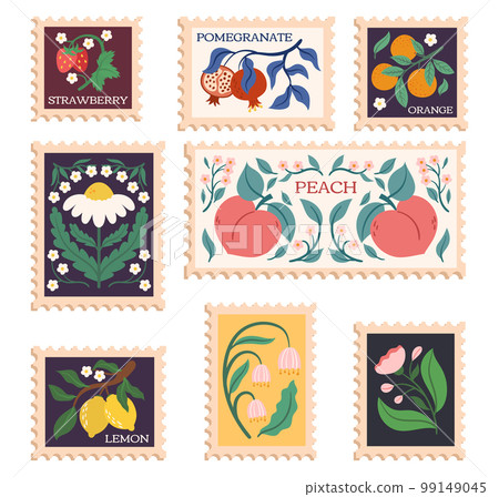 Modern Stamps With Fruits And Flowers Designs. Postmarks With Pomegranate, Orange Or Mandarin, Strawberry, Lemon Modern Stamps With Fruits And Flowers Designs. Postmarks With Pomegranate, Orange Or Mandarin, Strawberry, Lemon 99149045