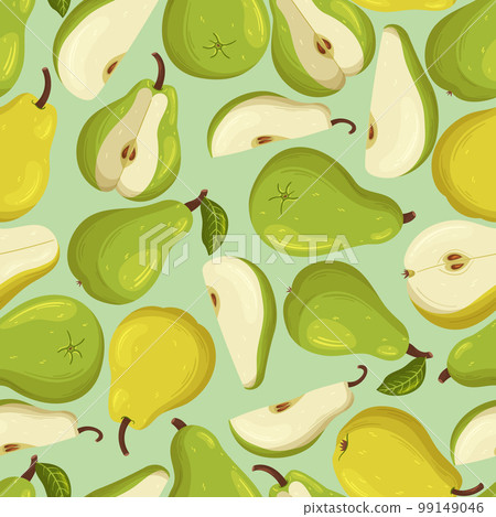 Seamless Pattern With Juicy, Ripe Pears Arranged In Repeating Ornament. Pears Come In Shades Of Green And Yellow Seamless Pattern With Juicy, Ripe Pears Arranged In Repeating Ornament. Pears Come In Shades Of Green And Yellow 99149046