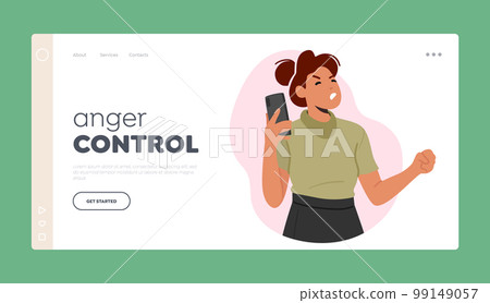 Anger Control Landing Page Template. Angry Woman Speaking On Phone, Female Character with Frustrated Expression 99149057