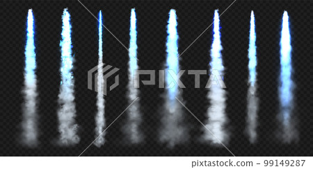 Realistic blue space rocket trails. Festive fireworks launch. Fire burst, explosion. Missile or bullet trail. Jet aircraft tracks. Smoke clouds, fog. Steam flow. Vector illustration 99149287