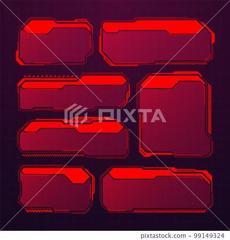 Red futuristic HUD or UI elements. Sci-fi user interface text boxes, callouts. Warning message frames, information boxes template. Modern game interface layout in digital style. Vector illustration 99149324