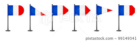 Realistic various French table flags on a black steel pole. Souvenir from France. Desk flag made of paper or fabric, shiny metal stand. Mockup for promotion and advertising. Vector illustration Realistic various French table flags on a black steel pole. Souvenir from France. Desk flag made of paper or fabric, shiny metal stand. Mockup for promotion and advertising. Vector illustration 99149341