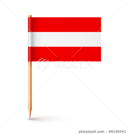 Realistic Austrian toothpick flag. Souvenir from Austria. Wooden toothpick with paper flag. Location mark, map pointer. Blank mockup for advertising and promotions. Vector illustration 99149343