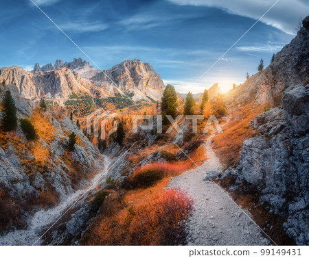 Beautiful mountain path, rocks and stones, orange trees at sunset 99149431
