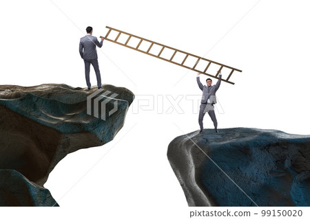Business people helping to go over chasm Business people helping to go over chasm 99150020