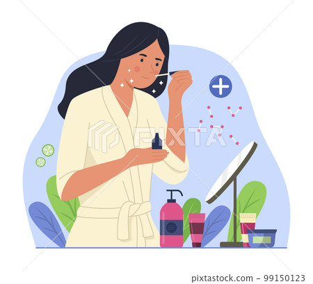 Woman Applying Facial Serum on Face for Beauty Skin Treatment Concept Illustration 99150123