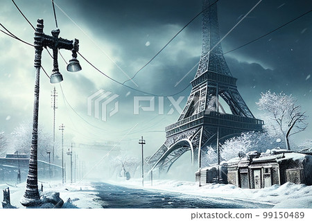 Paris in apocalyptic winter, snow and ice due to energy crisis, generative AI 99150489