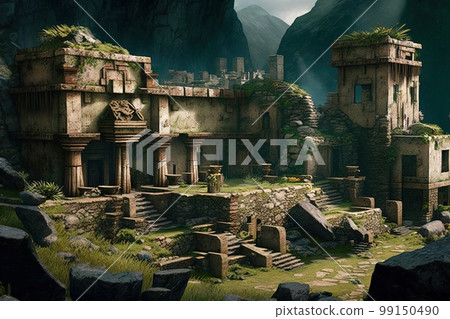 Inca city ruins in mountains, old stone temples and houses in jungle, generative AI 99150490