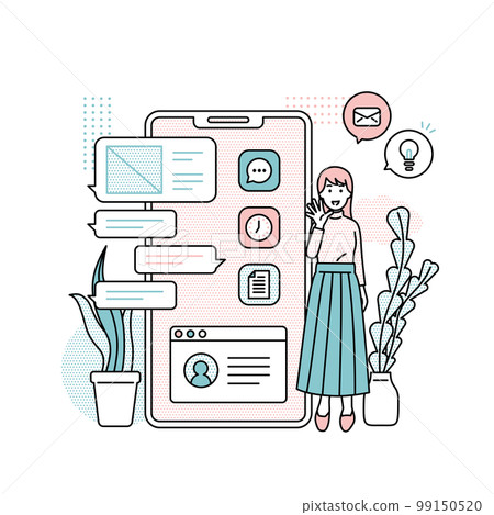 Illustration of a woman standing next to a smartphone Illustration of a woman standing next to a smartphone 99150520