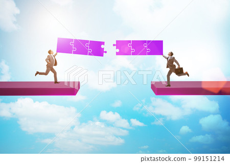 Concept of teamwork with bridge being built Concept of teamwork with bridge being built 99151214