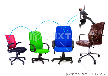 Promotion concept with businessman and chairs Promotion concept with businessman and chairs 99151257