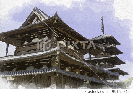 奈良縣生駒郡斑鳩町水彩畫法隆寺五層塔 99151744