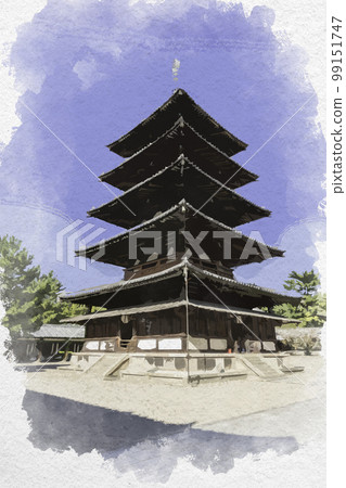 Watercolor-style Horyuji five-storied pagoda, Ikaruga-cho, Ikoma-gun, Nara Prefecture Watercolor-style Horyuji five-storied pagoda, Ikaruga-cho, Ikoma-gun, Nara Prefecture 99151747