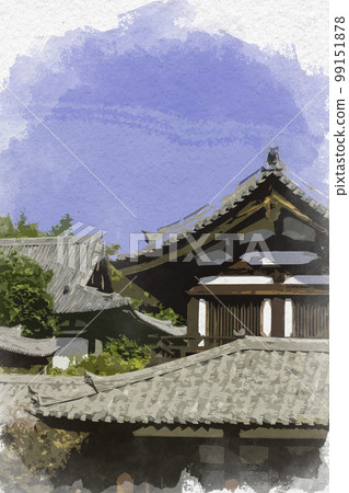 水彩畫風格的法隆寺鐘樓，奈良縣生駒郡斑鳩町 99151878