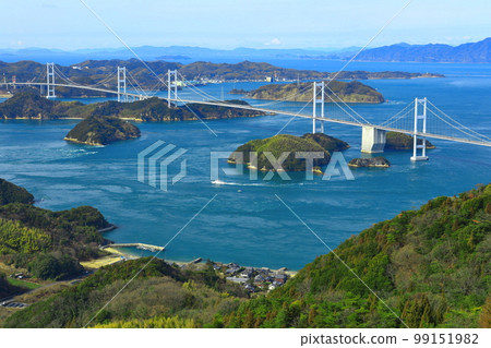 [愛媛縣]晴天時的來島海峽大橋（島波海道） 99151982