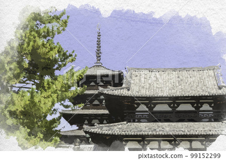 Watercolor-style Horyuji Central Gate, Ikaruga-cho, Ikoma-gun, Nara Prefecture 99152299