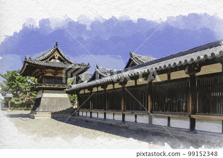水彩風格的法隆寺東印伽藍鐘樓奈良縣生駒郡斑鳩町 水彩風格的法隆寺東印伽藍鐘樓奈良縣生駒郡斑鳩町 99152348