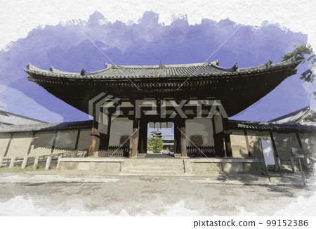 Watercolor-style Horyuji Nandaimon Gate, Ikaruga-cho, Ikoma-gun, Nara Prefecture 99152386
