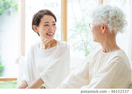 Mother and daughter relaxing in the living room Mother and daughter relaxing in the living room 99152537