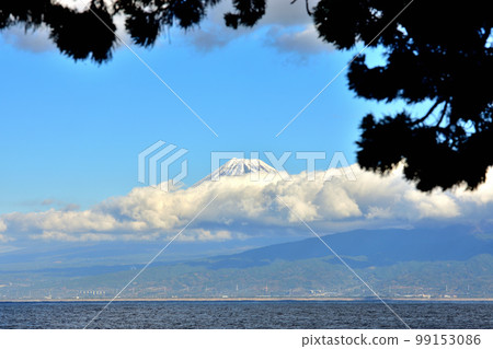 有云的駿河灣和富士山 99153086