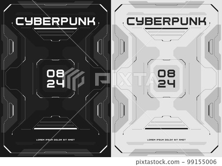 Cyberpunk futuristic poster set. Tech cyberpunk design for web and print template. Technology style flyer. Future technology, black and white cyber design, inversion. 99155006