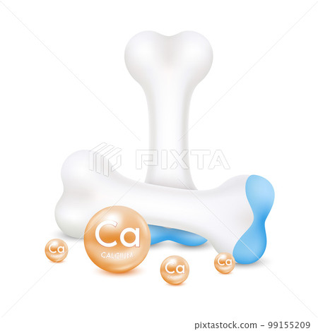 Healthy bone cartilage with orange calcium. Human skeleton anatomy model isolated on white background. Vitamins and minerals care bone knee joint. Realistic 3D vector. Medical science concept. Healthy bone cartilage with orange calcium. Human skeleton anatomy model isolated on white background. Vitamins and minerals care bone knee joint. Realistic 3D vector. Medical science concept. 99155209
