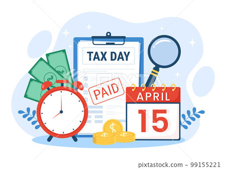 Tax Day Illustration with Clipboard Form, Clock, Calendar and Coins Money for Web Banner or Landing Page in Flat Cartoon Hand Drawn Templates Tax Day Illustration with Clipboard Form, Clock, Calendar and Coins Money for Web Banner or Landing Page in Flat Cartoon Hand Drawn Templates 99155221