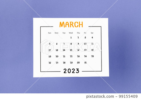 The March 2023 Monthly calendar for 2023 year on purple background. The March 2023 Monthly calendar for 2023 year on purple background. 99155409