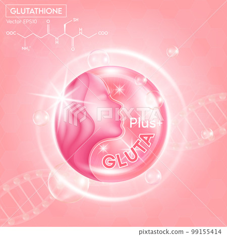 Glutathione with capsule and the third ingredient can be separated. On a light pink background. Beauty cosmetic product. 3D Vector EPS10 99155414