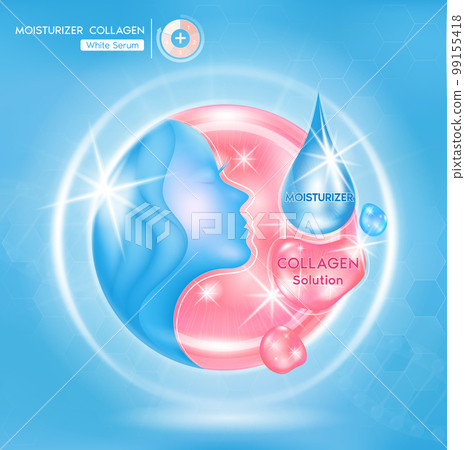 Moisturizer serum with drop collagen and the third ingredient can be separated. On a light blue background. Beauty cosmetic product. 3D Vector EPS10 Moisturizer serum with drop collagen and the third ingredient can be separated. On a light blue background. Beauty cosmetic product. 3D Vector EPS10 99155418