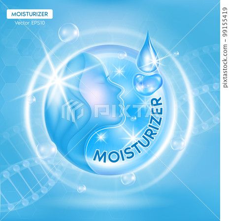 Moisturizer serum with drop collagen and the third ingredient can be separated. On a light blue background. Beauty cosmetic product. 3D Vector EPS10 Moisturizer serum with drop collagen and the third ingredient can be separated. On a light blue background. Beauty cosmetic product. 3D Vector EPS10 99155419