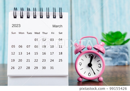 March 2023 Monthly desk calendar for the organizer to plan 2023 year with pink alarm clock 99155426