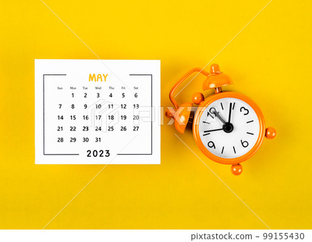 May 2023 Monthly calendar for the organizer to plan 2023 year with alarm clock on yellow background. May 2023 Monthly calendar for the organizer to plan 2023 year with alarm clock on yellow background. 99155430