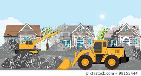 Excavator is moving rubble after the earthquake. Excavator is moving rubble after the earthquake. 99155444