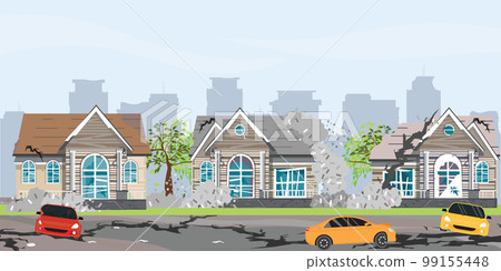 Destroyed town landscape after quake or disaster. 99155448