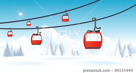 Cable cars or aerial lift on winter landscape with mountains. 99155449