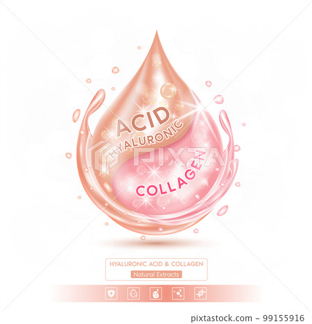 Drop pink collagen solution serum and hyaluronic ACID. Natural extracts. On white background. Hyaluronic acid skin care ad. 3D Realistic Vector EPS10. Drop pink collagen solution serum and hyaluronic ACID. Natural extracts. On white background. Hyaluronic acid skin care ad. 3D Realistic Vector EPS10. 99155916