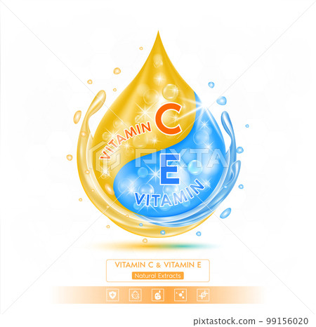 Drop blue vitamin E solution serum and orange vitamin C. On white background. Hyaluronic acid skin care ad. 3D Realistic Vector EPS10. 99156020