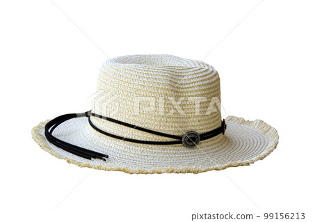 Vintage pretty straw hat isolated on white background. Beside view. 99156213
