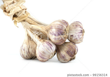 Braided garlic bulbs isolated on white background 99156314