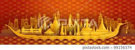Travel landmarks Thailand traditional silhouette architecture and Thailand pattern background. Travel landmarks Thailand traditional silhouette architecture and Thailand pattern background. 99156374