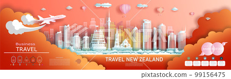 Infographic advertising travel brochure New Zealand with modern and ancient architecture. 99156475