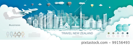 Advertising travel brochure New zealand top world modern skyscraper and famous city. 99156493