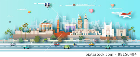 Travel landmark Morocco in city downtown architecture skyline and Africa tourism. Travel landmark Morocco in city downtown architecture skyline and Africa tourism. 99156494