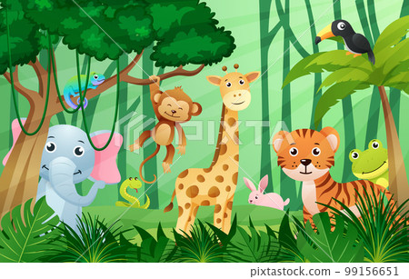 Wildlife animals in jungle scene . Kids style . Vector . 99156651