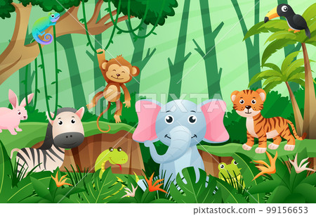 Wildlife animals in jungle scene . Kids style . Vector . Wildlife animals in jungle scene . Kids style . Vector . 99156653