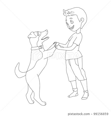 Happy cute little kid play with dog. Character cartoon boy dance with pet. Outline vector illustration isolated on white background Happy cute little kid play with dog. Character cartoon boy dance with pet. Outline vector illustration isolated on white background 99156859