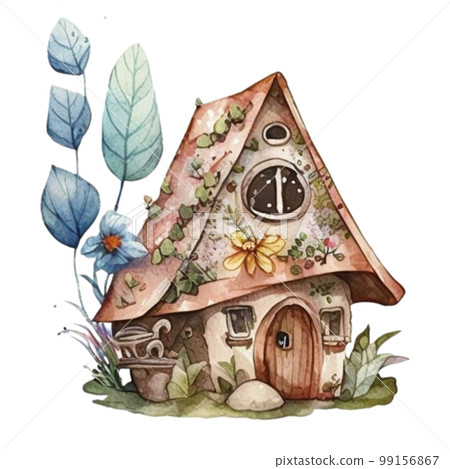 Spring Fairy Tree House with wildflowers blue brown green grass watercolor hand draw Spring Fairy Tree House with wildflowers blue brown green grass watercolor hand draw 99156867