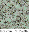 Seamless pattern with primroses anemone. Spring forest flowers and leaves on a green background. Watercolor in asian style 99157002