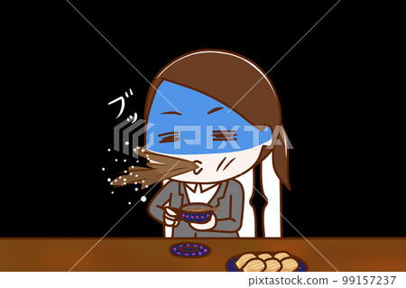 (上身斜)西裝女喝茶時驚喜吹茶 (上身斜)西裝女喝茶時驚喜吹茶 99157237